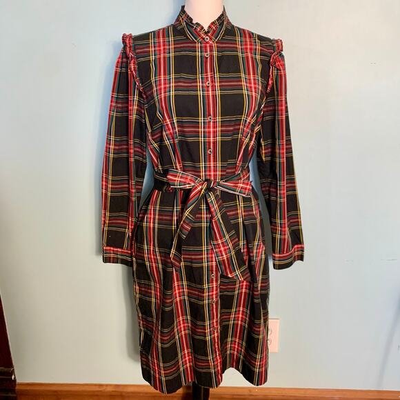 J. Crew Factory Stewart Tartan Plaid Ruffleneck Belted Shirtdress Size 10 - Picture 8 of 10